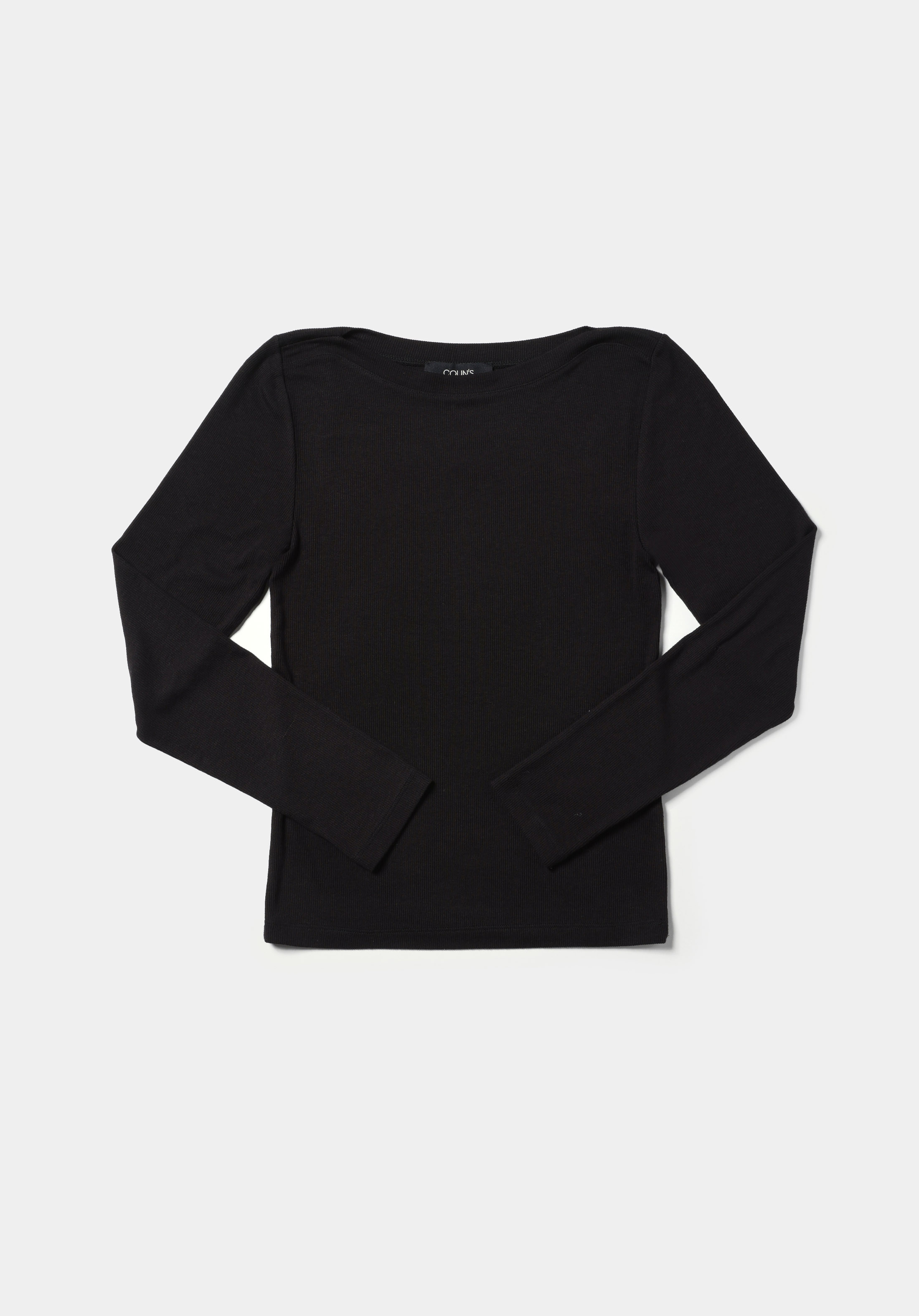 اعرض التفاصيل لـ ضيق  طوق قارب مستقيم نسائي أسود كم طويل تي شيرت