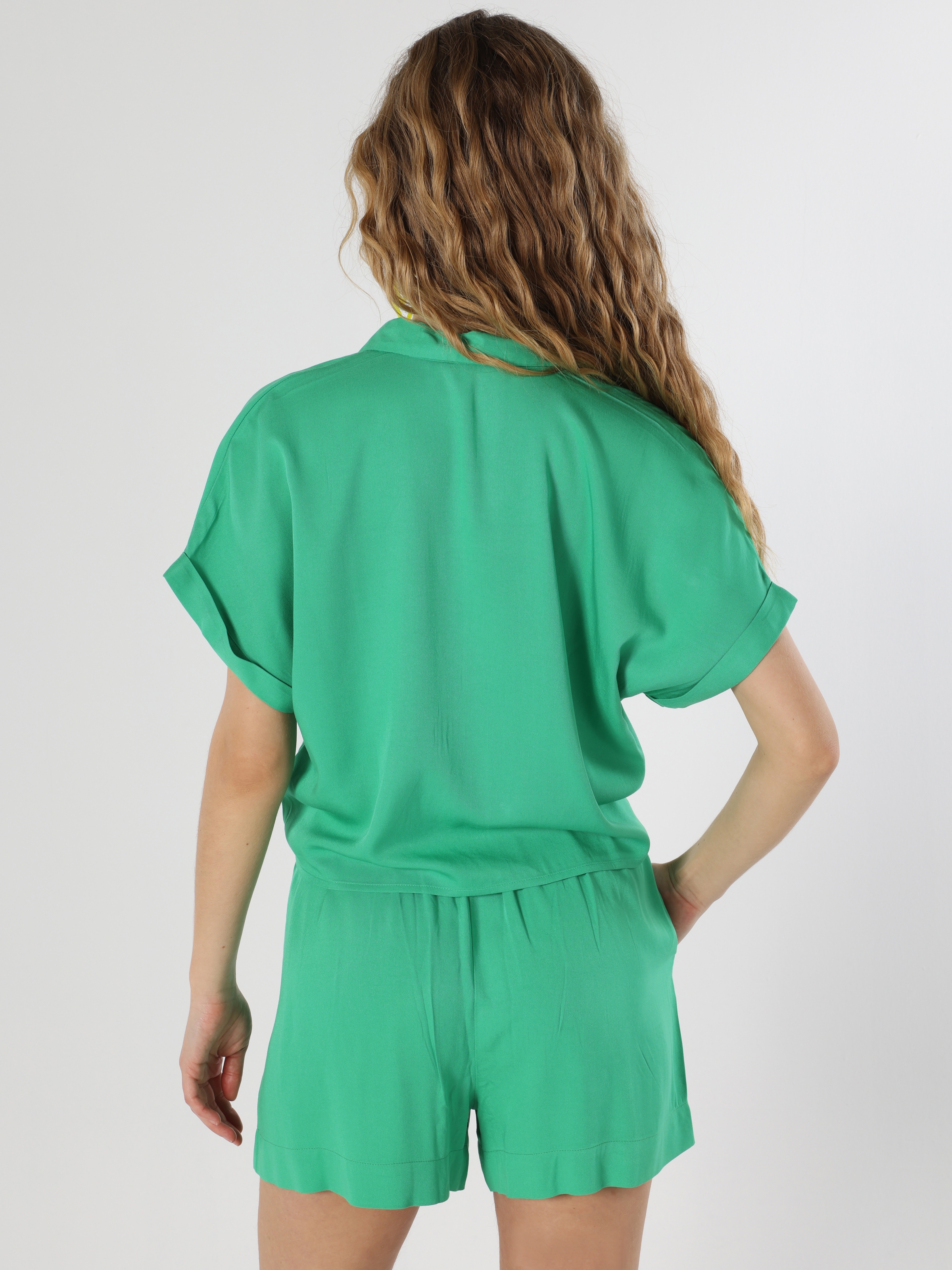 اعرض التفاصيل لـ قميص مناسب عادي برقبة قميص أخضر للنساء بأكمام قصيرة