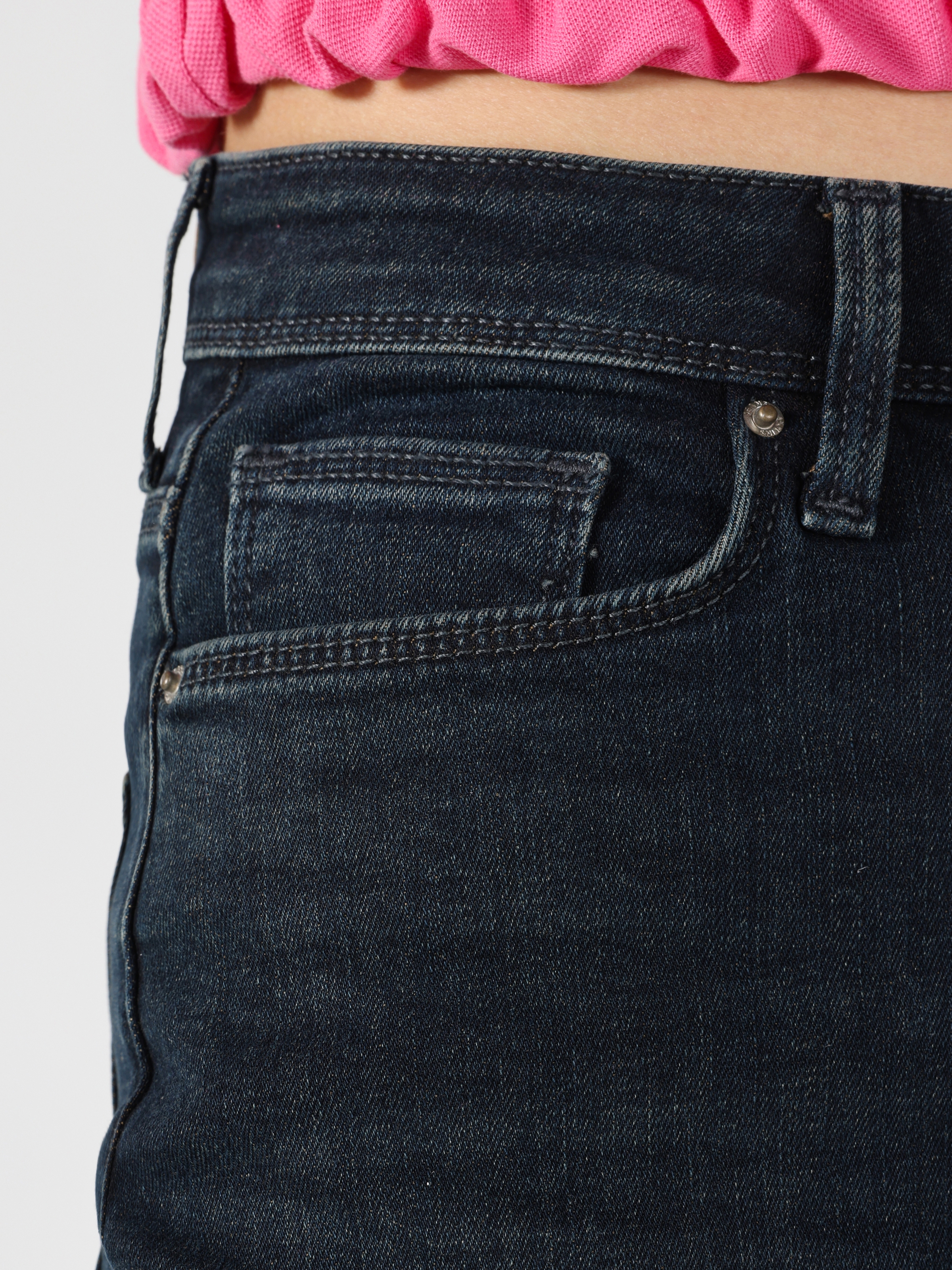 اعرض التفاصيل لـ 896 ماريا قطع مريحة عالية الخصر مستقيم الساق بنطلون جينز أزرق داكن للمرأة