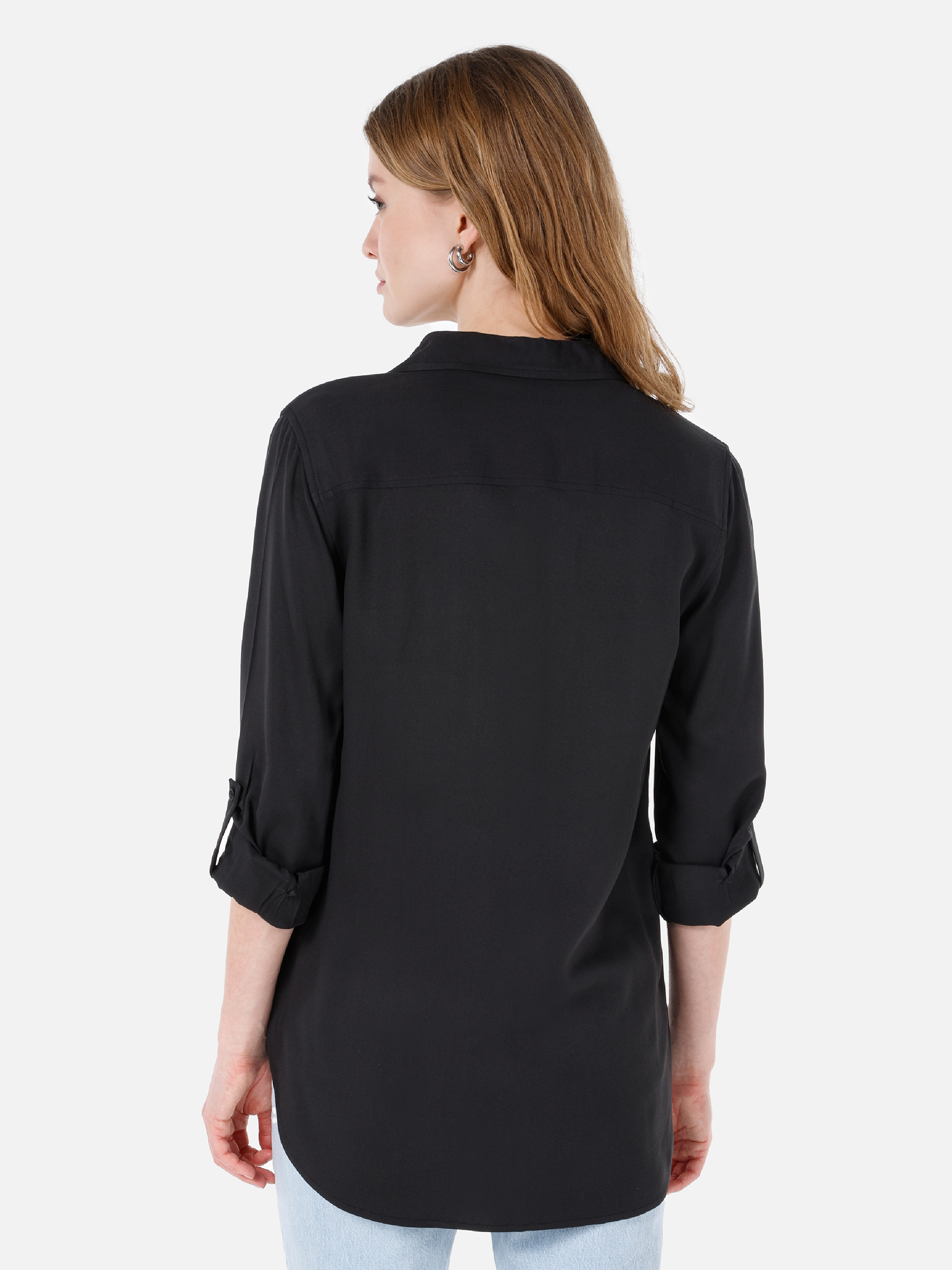 اعرض التفاصيل لـ قميص مناسب عادي برقبة قميص أنثراسايت للنساء بأكمام طويلة
