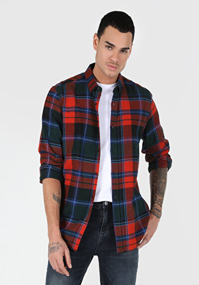 صورة من قميص عادي رقبة منقوشة رجالي برتقالي كم طويل قميص