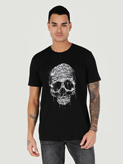 صورة من عادي مقاس رقبة مستديرة مستقيم رجالي أسود كم قصير تي شيرت