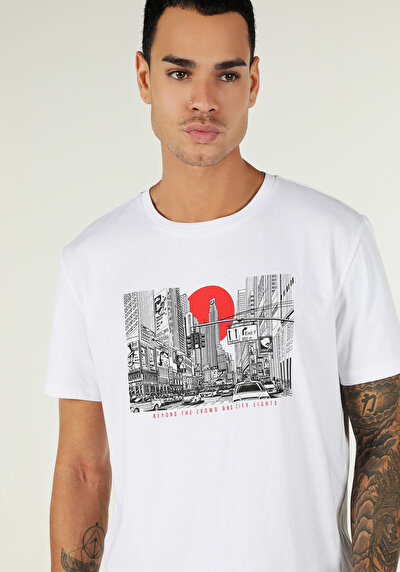 اعرض التفاصيل لـ   رقبة مستديرة مستقيم تي شيرت أبيض بأكمام قصيرة للرجال