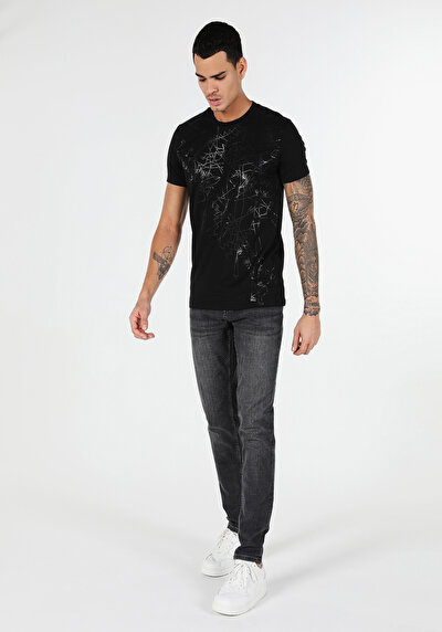 صورة من ضيق قصة رقبة مستديرة مستقيم رجالي أسود كم قصير تي شيرت