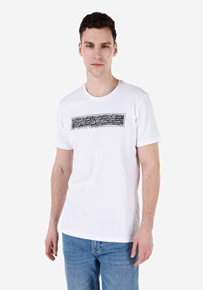 صورة من رقبة مستديرة مستقيم تي شيرت أبيض بأكمام قصيرة للرجال