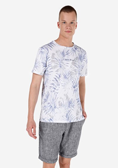 صورة من رقبة مستديرة مطبوعة رجالي أزرق كم قصير تي شيرت