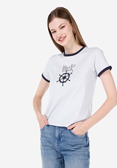 صورة من   رقبة مستديرة مطبوعة نسائية أزرق كم قصير تي شيرت