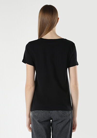 اعرض التفاصيل لـ   رقبة مستديرة مطبوعة نسائية أسود كم قصير تي شيرت