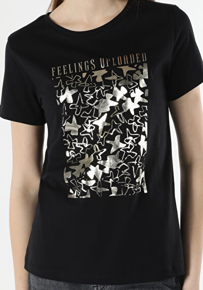 اعرض التفاصيل لـ   رقبة مستديرة مطبوعة نسائية أسود كم قصير تي شيرت