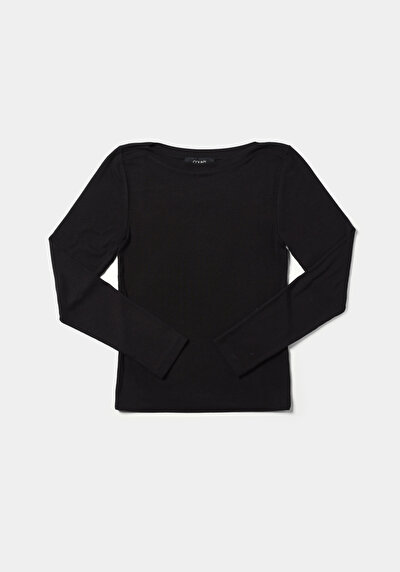 اعرض التفاصيل لـ ضيق  طوق قارب مستقيم نسائي أسود كم طويل تي شيرت