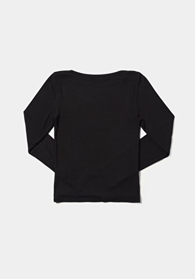 اعرض التفاصيل لـ ضيق  طوق قارب مستقيم نسائي أسود كم طويل تي شيرت