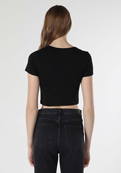 اعرض التفاصيل لـ ضيق قصة رقبة مستديرة مستقيم نسائي أسود كم قصير تي شيرت