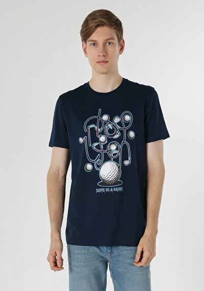 صورة من رقبة مستديرة مطبوعة رجالي أزرق كحلي كم قصير تي شيرت