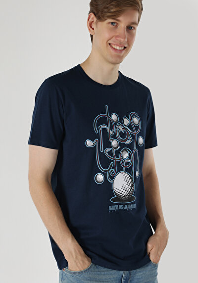 اعرض التفاصيل لـ   رقبة مستديرة مطبوعة رجالي أزرق كحلي كم قصير تي شيرت