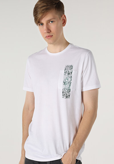 صورة من   رقبة مستديرة مطبوعة للرجال أبيض بأكمام قصيرة تي شيرت