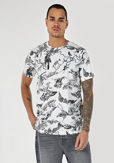 اعرض التفاصيل لـ   رقبة مستديرة مطبوعة للرجال أبيض بأكمام قصيرة تي شيرت