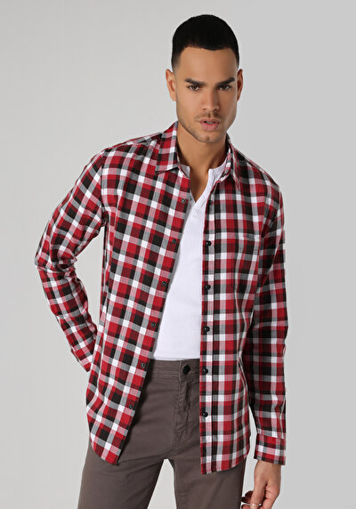 صورة من قميص نحيف رقبة منقوشة رجالي قميص أحمر طويل الأكمام