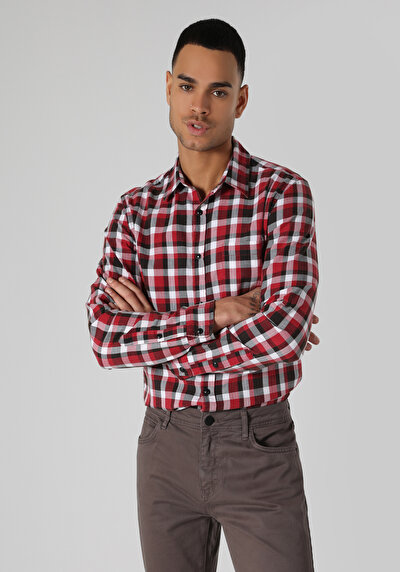 اعرض التفاصيل لـ قميص نحيف رقبة منقوشة رجالي قميص أحمر طويل الأكمام