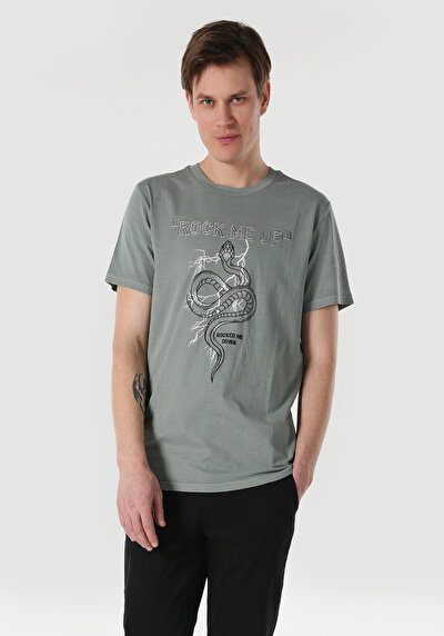 صورة من   رقبة مستديرة مطبوعة رجالي رمادي كم قصير تي شيرت