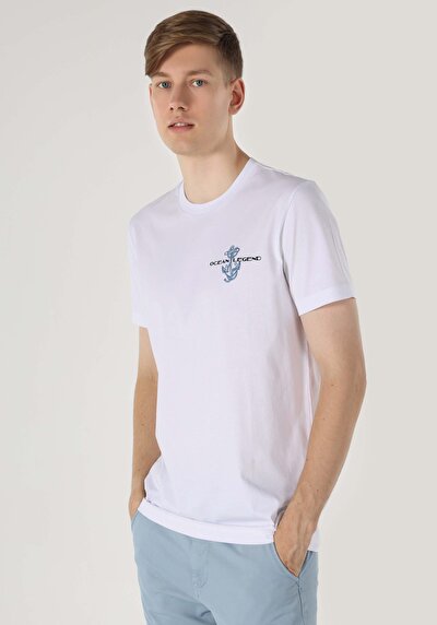 صورة من   رقبة مستديرة مطبوعة للرجال أبيض بأكمام قصيرة تي شيرت