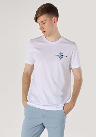 اعرض التفاصيل لـ   رقبة مستديرة مطبوعة للرجال أبيض بأكمام قصيرة تي شيرت