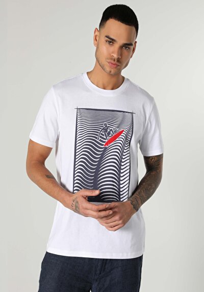 صورة من   رقبة مستديرة مطبوعة للرجال أبيض بأكمام قصيرة تي شيرت