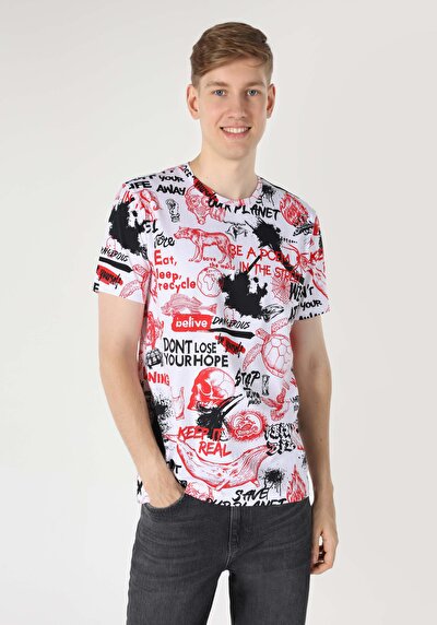 صورة من   رقبة مستديرة مطبوعة للرجال أبيض بأكمام قصيرة تي شيرت