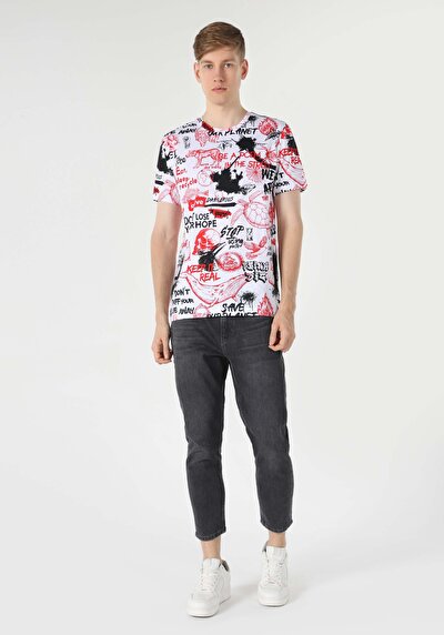 اعرض التفاصيل لـ   رقبة مستديرة مطبوعة للرجال أبيض بأكمام قصيرة تي شيرت