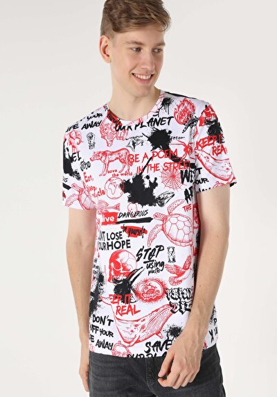 اعرض التفاصيل لـ   رقبة مستديرة مطبوعة للرجال أبيض بأكمام قصيرة تي شيرت