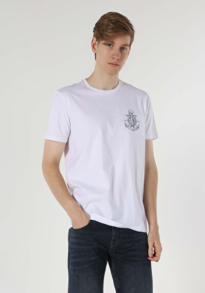 صورة من   رقبة مستديرة مطبوعة للرجال أبيض بأكمام قصيرة تي شيرت