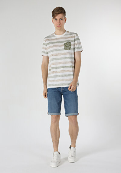 صورة من رقبة مستديرة مخطط للرجال تي شيرت أخضر قصير الأكمام