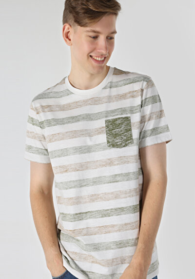 اعرض التفاصيل لـ   رقبة مستديرة مخطط للرجال تي شيرت أخضر قصير الأكمام