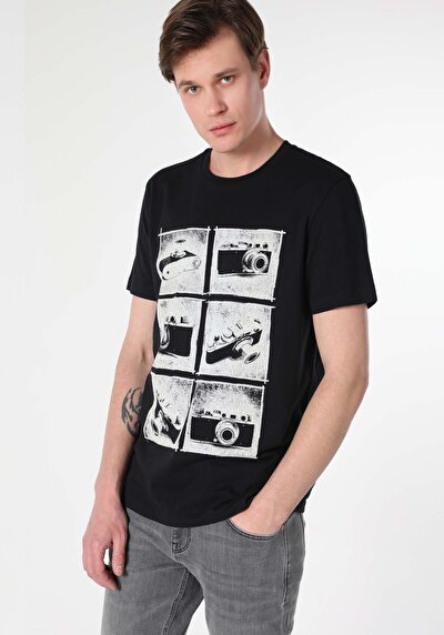 صورة من عادي مقاس رقبة مستديرة مستقيم رجالي أسود كم قصير تي شيرت