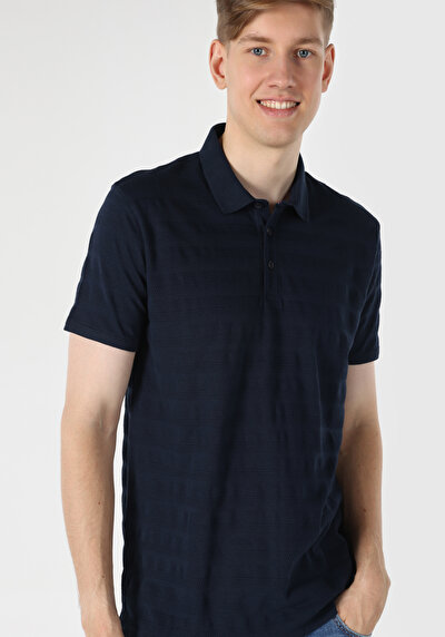 صورة من عادي رقبة بولو جاكار رجالي أزرق كحلي كم قصير تي شيرت