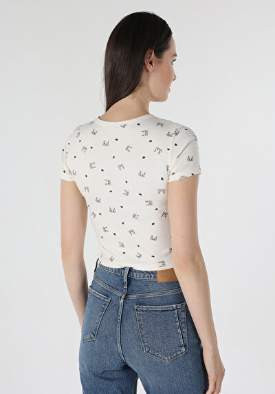 اعرض التفاصيل لـ ضيق  رقبة مستديرة مطبوعة نسائية أبيض كم قصير تي شيرت