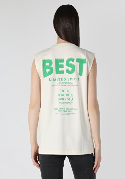 صورة من رقبة مستديرة مطبوعة نسائية Ecru بلا أكمام تي شيرت