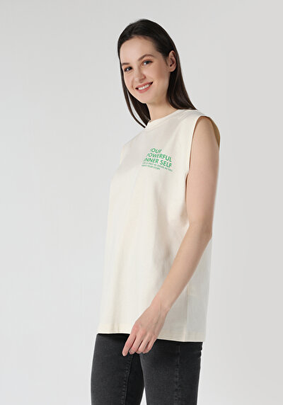 صورة من رقبة مستديرة مطبوعة نسائية Ecru بلا أكمام تي شيرت