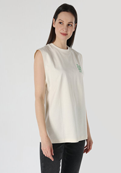 صورة من رقبة مستديرة مطبوعة نسائية Ecru بلا أكمام تي شيرت