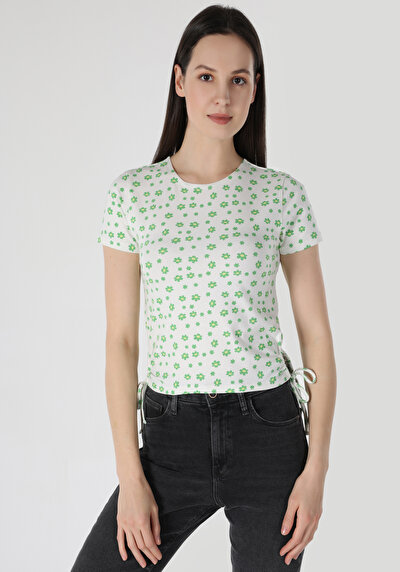 اعرض التفاصيل لـ ضيق  ياقة مستديرة أزهار نسائي أبيض كم قصير تي شيرت