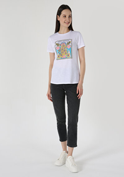 اعرض التفاصيل لـ   رقبة مستديرة مطبوعة نسائية أبيض قصيرة أكمام تي شيرت