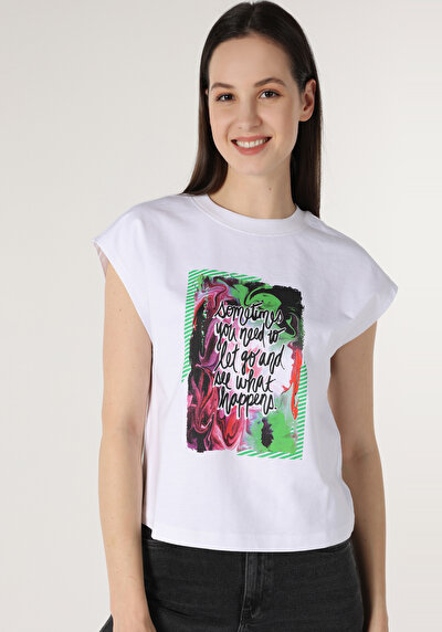 اعرض التفاصيل لـ   رقبة مستديرة مطبوعة نسائية أبيض قصيرة أكمام تي شيرت