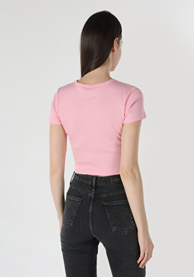 اعرض التفاصيل لـ ضيق قصة رقبة مستديرة نسائي وردي كم قصير تي شيرت