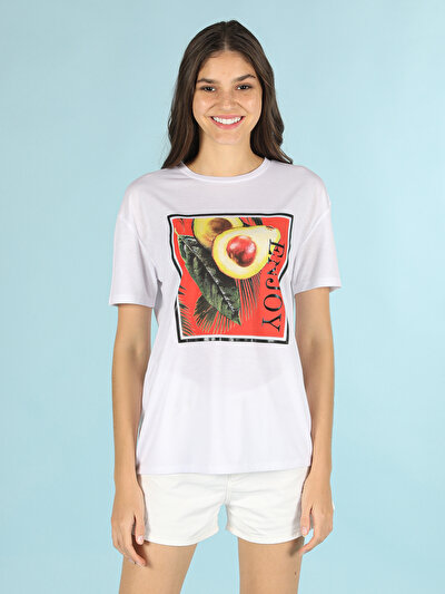 اعرض التفاصيل لـ كومفورت فيت رقبة مستديرة مطبوعة نسائية أبيض كم قصير تي شيرت