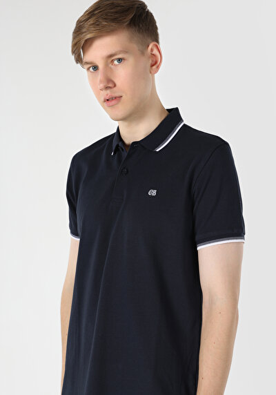 اعرض التفاصيل لـ أزرق بحري للرجال قميص بولو  كم قصير