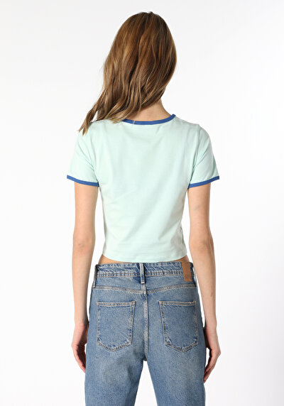 صورة من ضيق رقبة مستديرة مطبوعة نسائية أخضر كم قصير تي شيرت