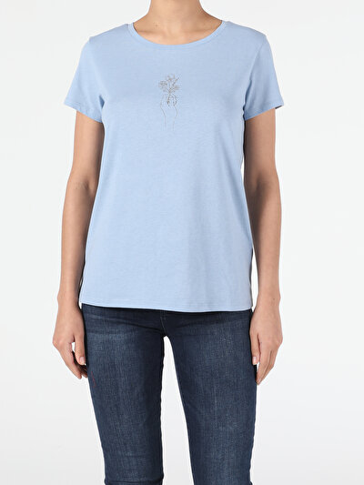 اعرض التفاصيل لـ أزرق للنساء تي شيرت بأكمام قصيرة