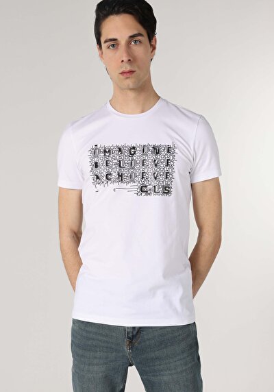 اعرض التفاصيل لـ نحيف  طوق دائري مطبوع للرجال أبيض بأكمام قصيرة تي شيرت