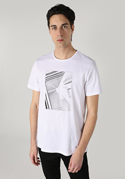 اعرض التفاصيل لـ   رقبة مستديرة مطبوعة للرجال أبيض بأكمام قصيرة تي شيرت