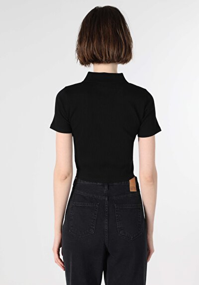 صورة من ضيق قصة بولو رقبة مستقيمة نسائي أسود كم قصير تي شيرت