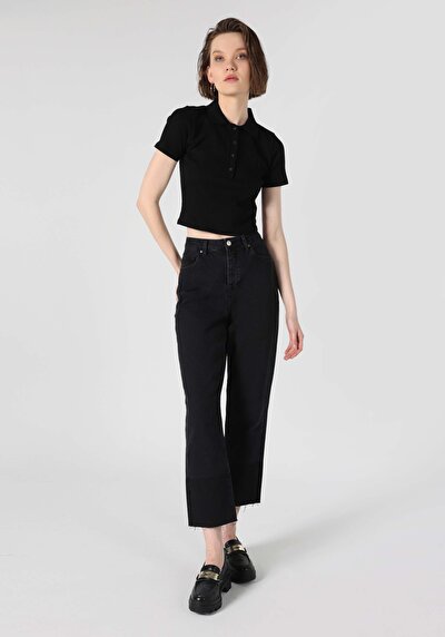 صورة من ضيق قصة بولو رقبة مستقيمة نسائي أسود كم قصير تي شيرت